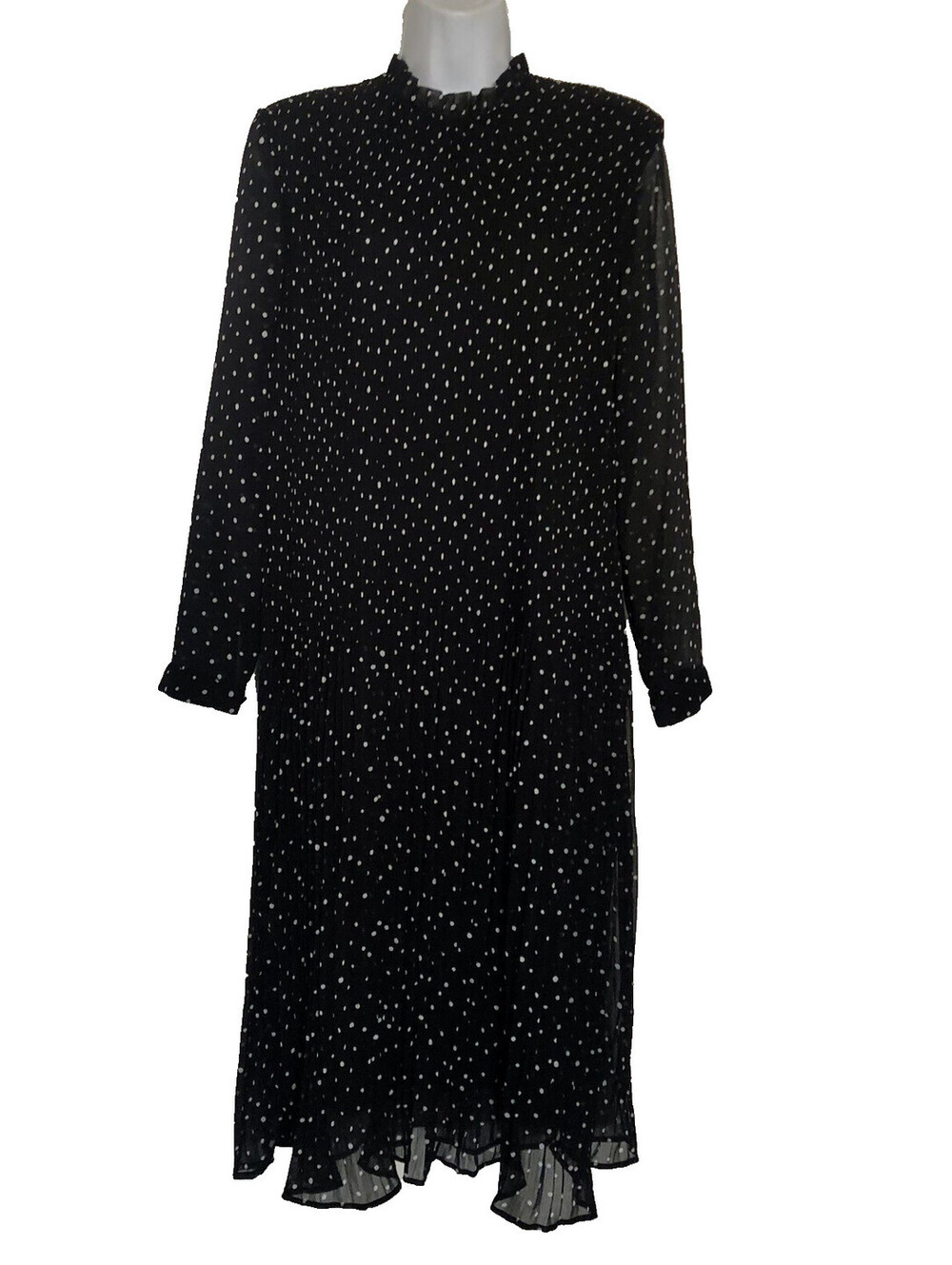 H&M Black White Polka Dot Ruched Pleated Chiffon Dress 8